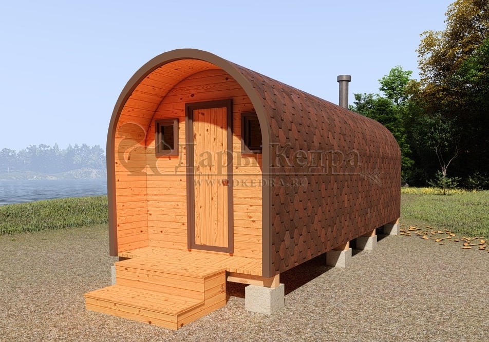Баня-бочка буханка из кедра 6 метров с верандой
